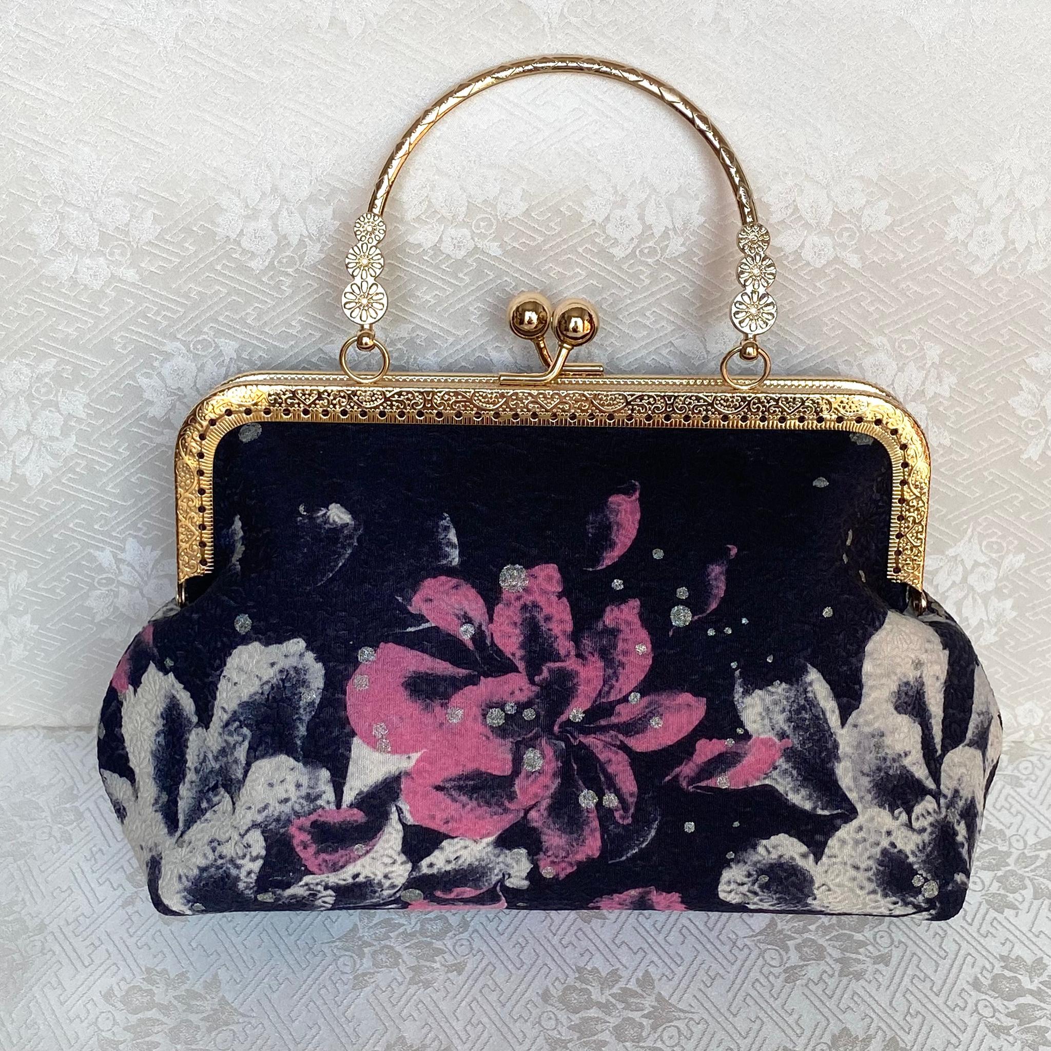 糊染め〈マチ付き〉がま口バッグゴールド 和装/洋装兼用 大きな花柄 白/ピンク | 3枚目